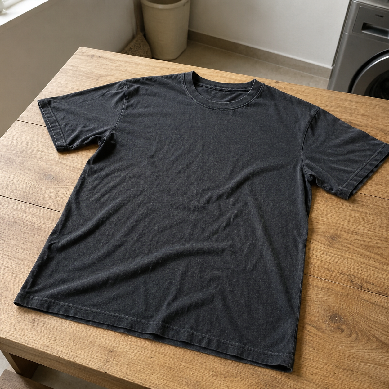 Playera negra deslavada sobre mesa de madera, antes de teñir