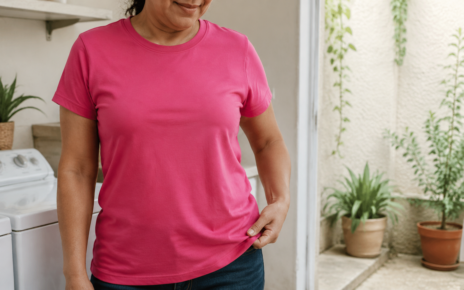 Mujer con playera rosa renovada con colorante Mariposa