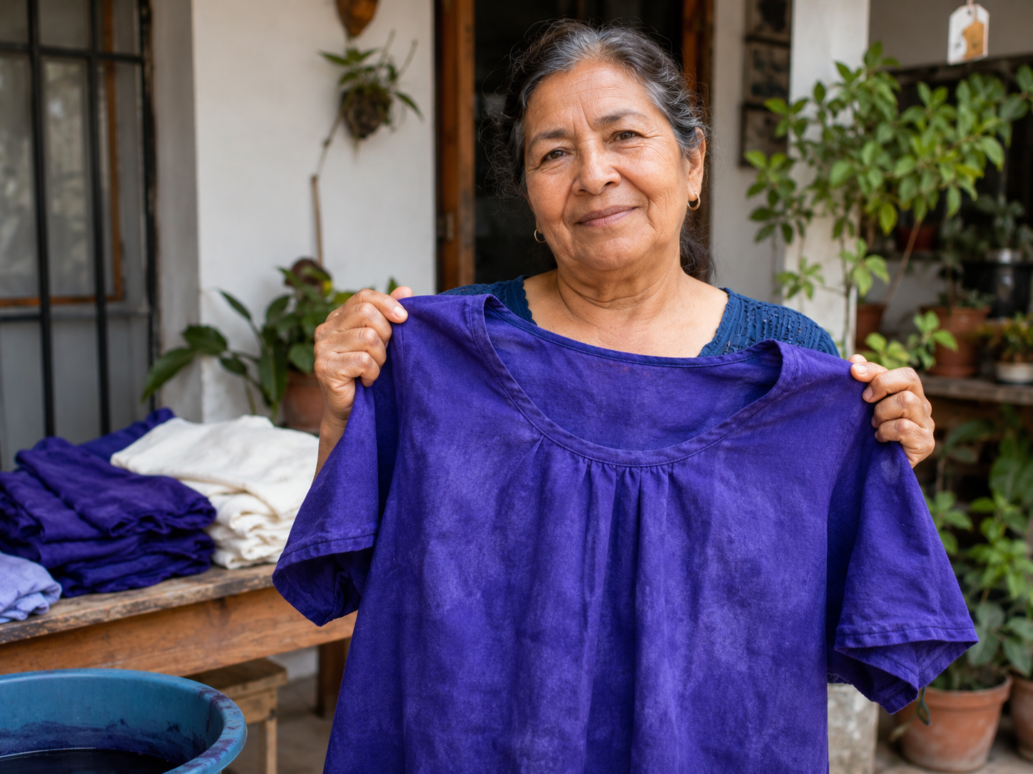 Mujer con blusa violeta renovada
