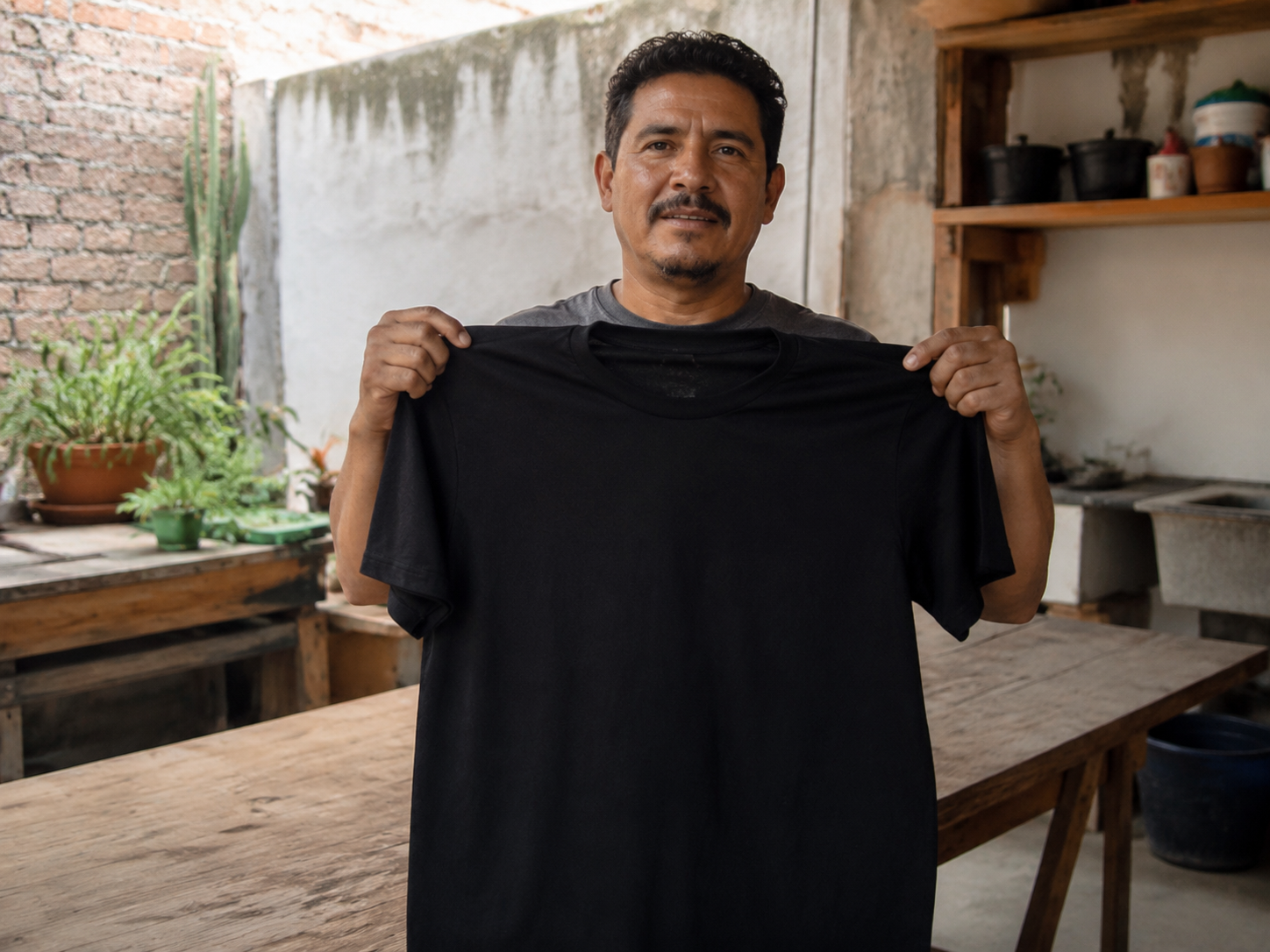 Hombre con playera negra recuperada