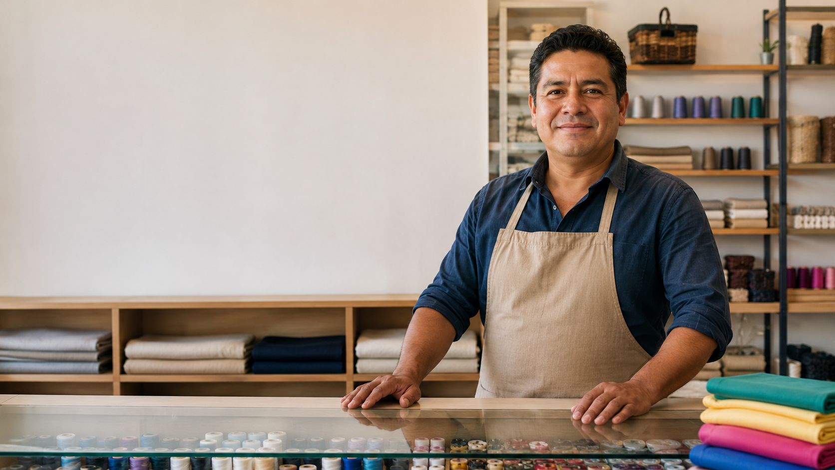 Dueño de mercería mexicana detrás del mostrador con inventario textil